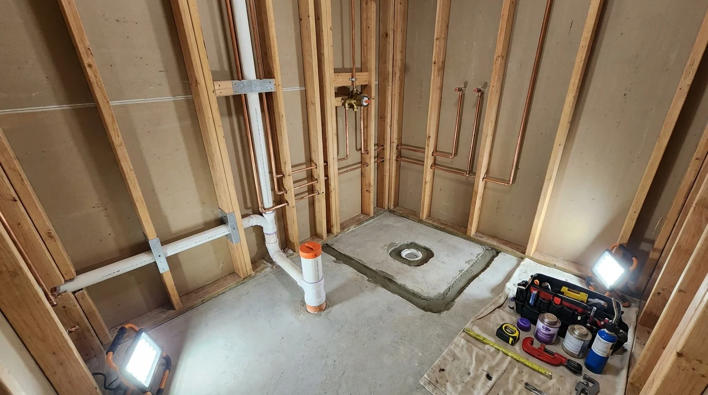Bathroom rough-in plumbing during remodel by Johns Plumbing LLC in Dunn