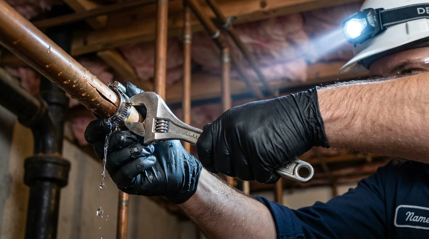 Emergency pipe clamp repair being performed by a Johns Plumbing LLC plumber in Dunn