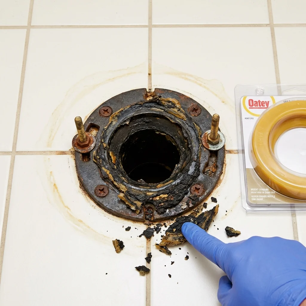 Failed wax ring showing water seepage at the base of a toilet in a Dunn, NC home