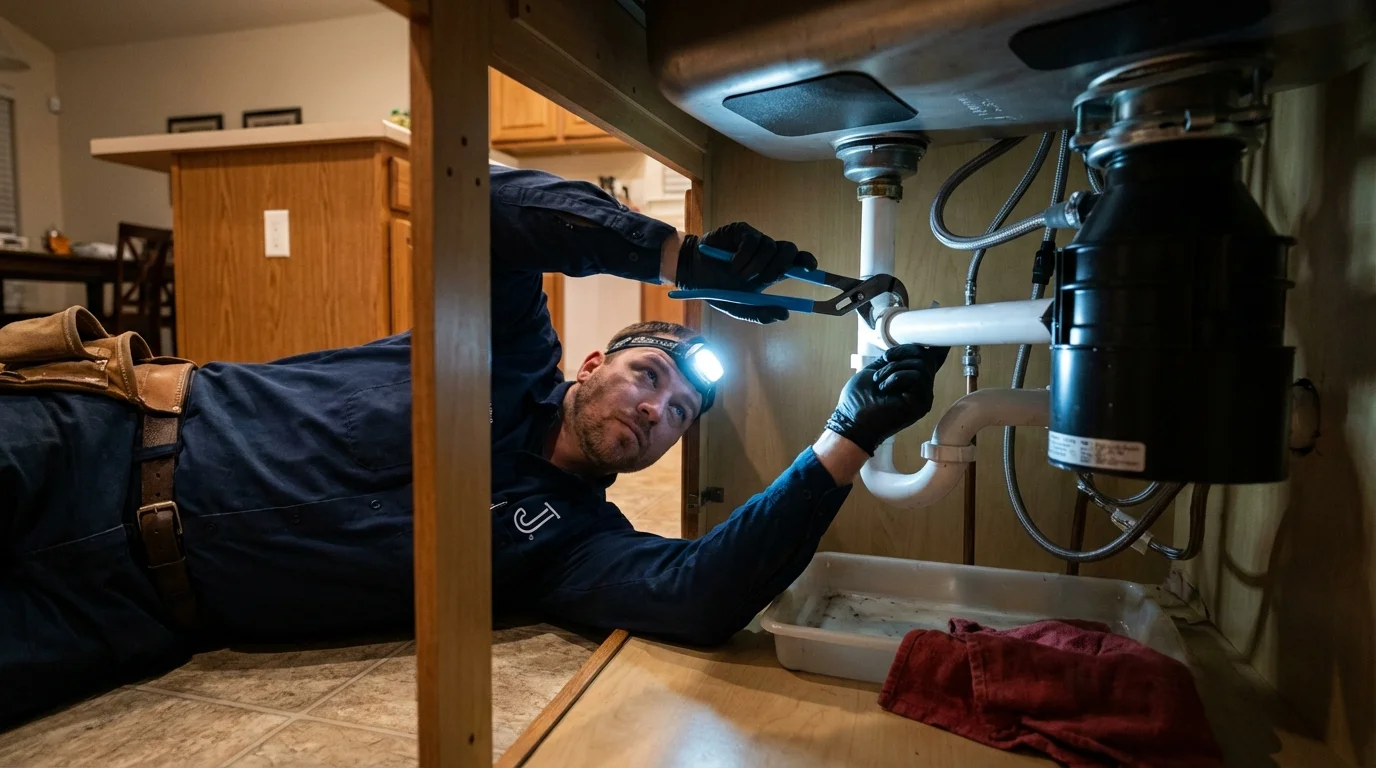 P-trap and supply line connections under a kitchen sink showing a common leak point in Dunn, NC